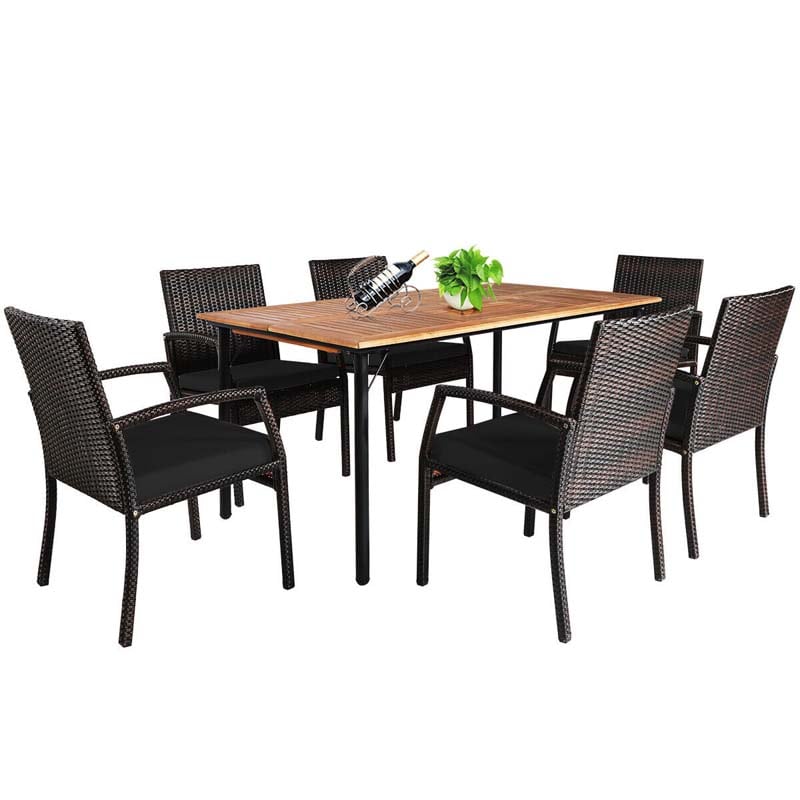 7 Piece Rattan Patio Dining Set with Umbrella Hole, Acacia Wood Tabletop, Cushioned Chairs