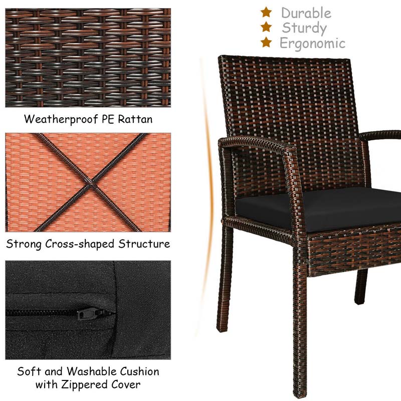 7 Piece Rattan Patio Dining Set with Umbrella Hole, Acacia Wood Tabletop, Cushioned Chairs