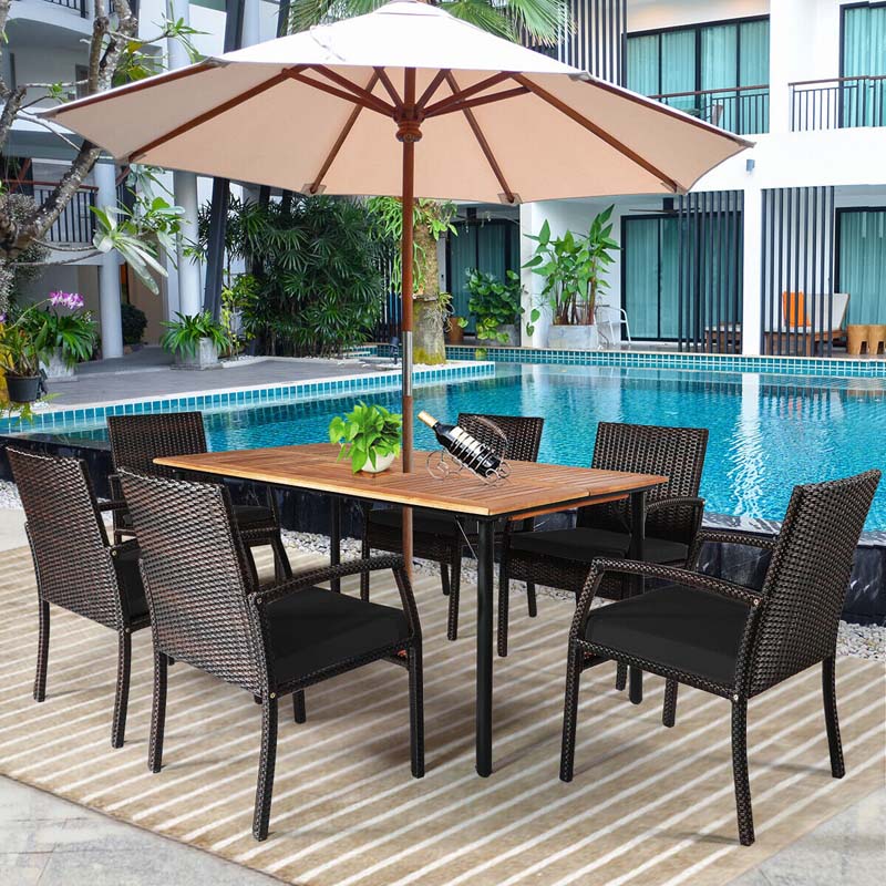 7 Piece Rattan Patio Dining Set with Umbrella Hole, Acacia Wood Tabletop, Cushioned Chairs