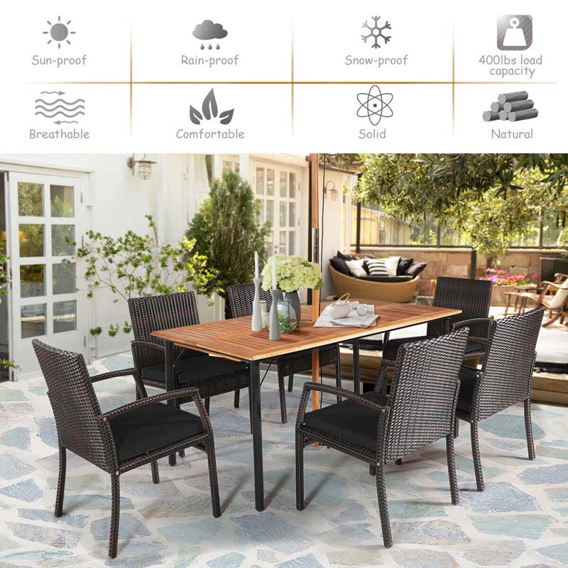 7 Piece Rattan Patio Dining Set with Umbrella Hole, Acacia Wood Tabletop, Cushioned Chairs