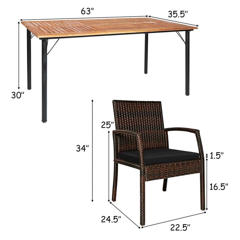 7 Piece Rattan Patio Dining Set with Umbrella Hole, Acacia Wood Tabletop, Cushioned Chairs