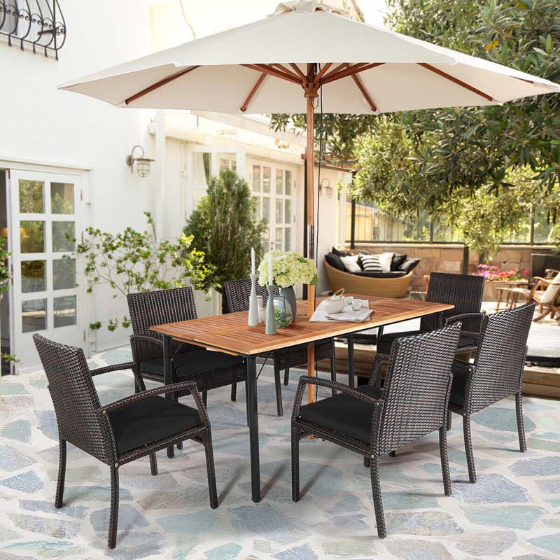 7 Pcs Rattan Patio Dining Set with Umbrella Hole, Acacia Wood Tabletop, Cushioned Chairs