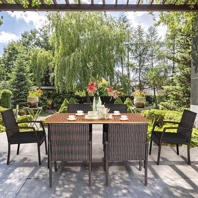 7 Piece Rattan Patio Dining Set with Umbrella Hole, Acacia Wood Tabletop, Cushioned Chairs