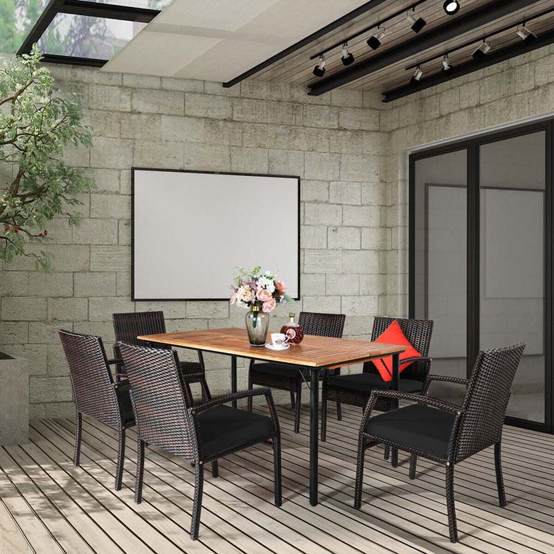 7 Piece Rattan Patio Dining Set with Umbrella Hole, Acacia Wood Tabletop, Cushioned Chairs