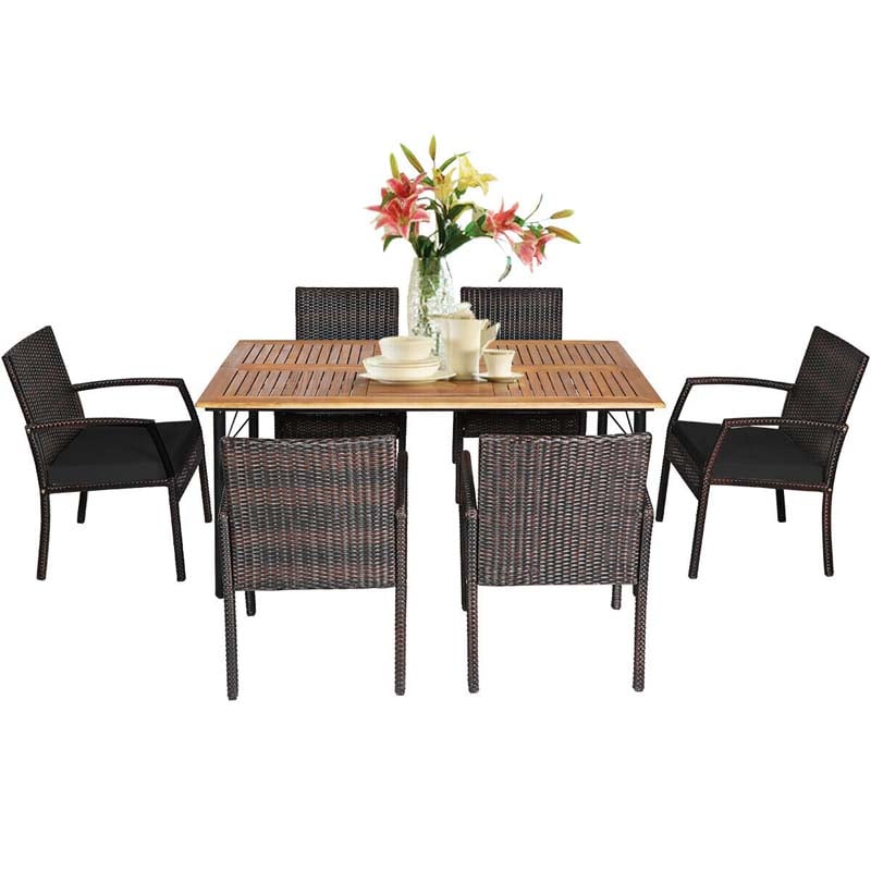 7 Piece Rattan Patio Dining Set with Umbrella Hole, Acacia Wood Tabletop, Cushioned Chairs