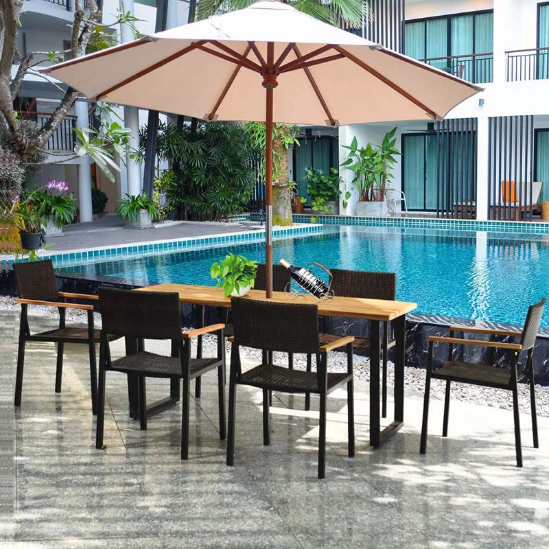 7 Pcs Rattan Patio Dining Set with 2.16'' Umbrella Hole, Acacia Wood Tabletop, Wicker Armchairs