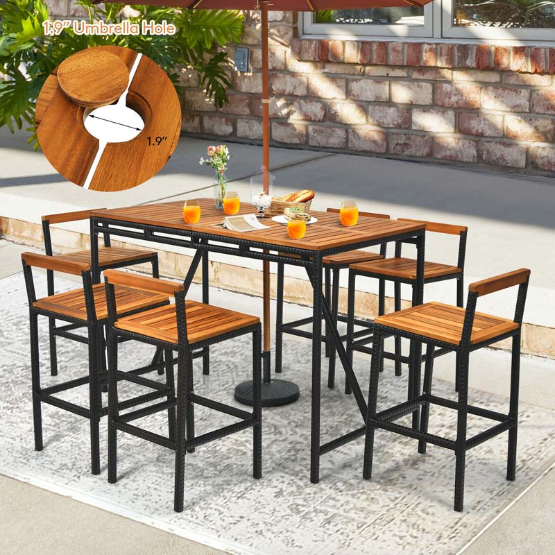 7 Pcs Acacia Wood Rattan Wicker Outdoor Patio Bar Set Dining Table Set with 1.9'' Umbrella Hole & 6 Bar Stools