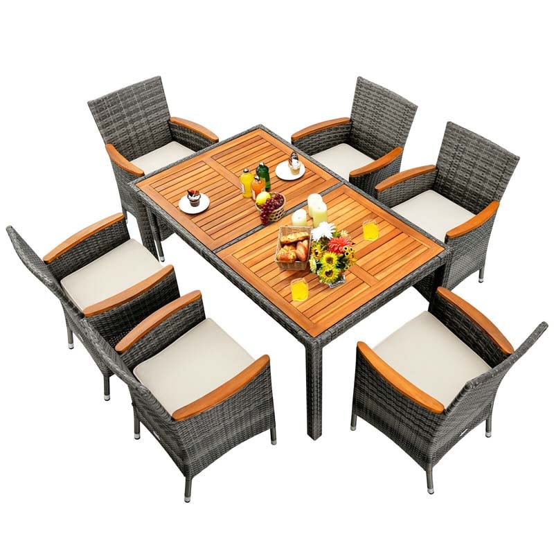 7 Pcs Rattan Wicker Outdoor Patio Dining Furniture Set with Acacia Wood Table & 6 Cushioned Armchairs