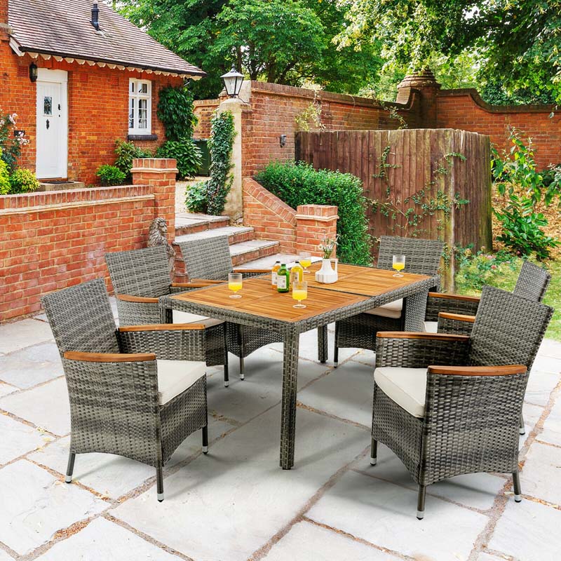 7 Pcs Rattan Wicker Outdoor Patio Dining Furniture Set with Acacia Wood Table & 6 Cushioned Armchairs