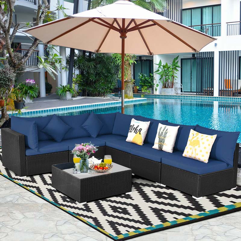 7 Pcs Rattan Patio Furniture Sectional Sofa Set Outdoor Wicker Conversation Set with Back & Seat Cushions Pillows