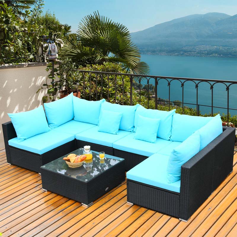 7 Pcs Rattan Patio Furniture Sectional Sofa Set Outdoor Wicker Conversation Set with Back & Seat Cushions Pillows