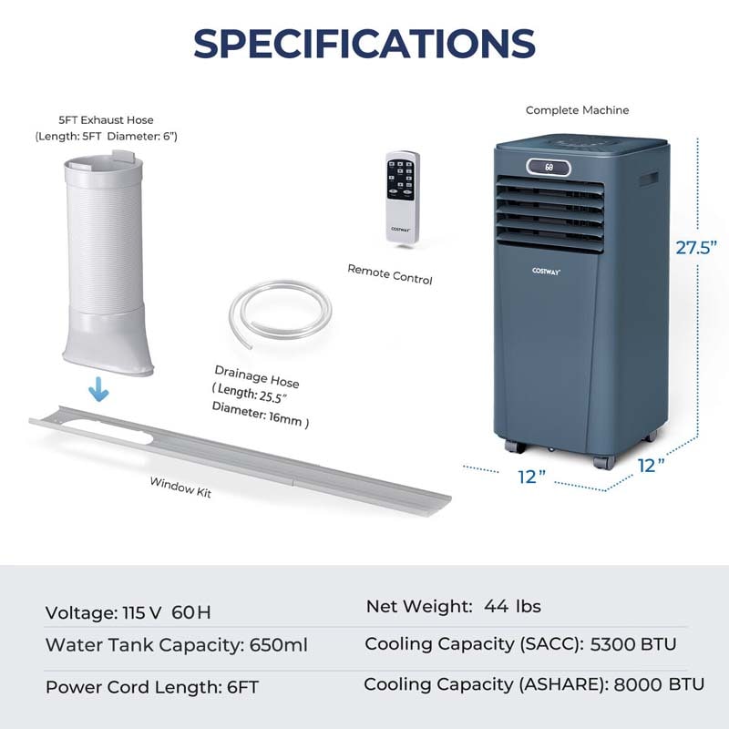 8000 BTU Portable Air Conditioner, 3-in-1 AC Unit, Fan & Dehumidifier with Remote, 24H Timer, Child Lock