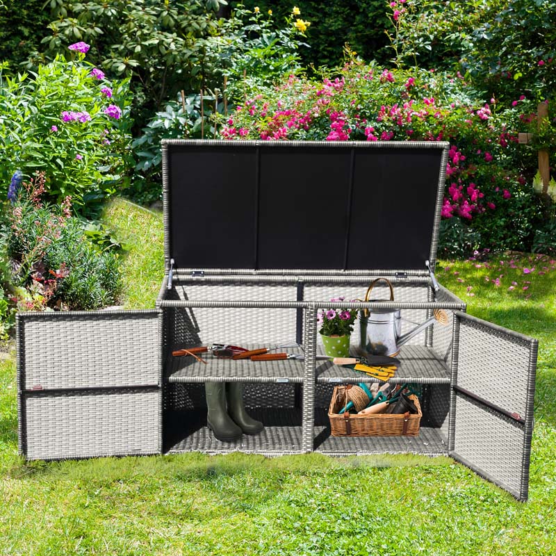 88 Gallon Patio Wicker Storage Box Rattan Deck Bench with Openable Door