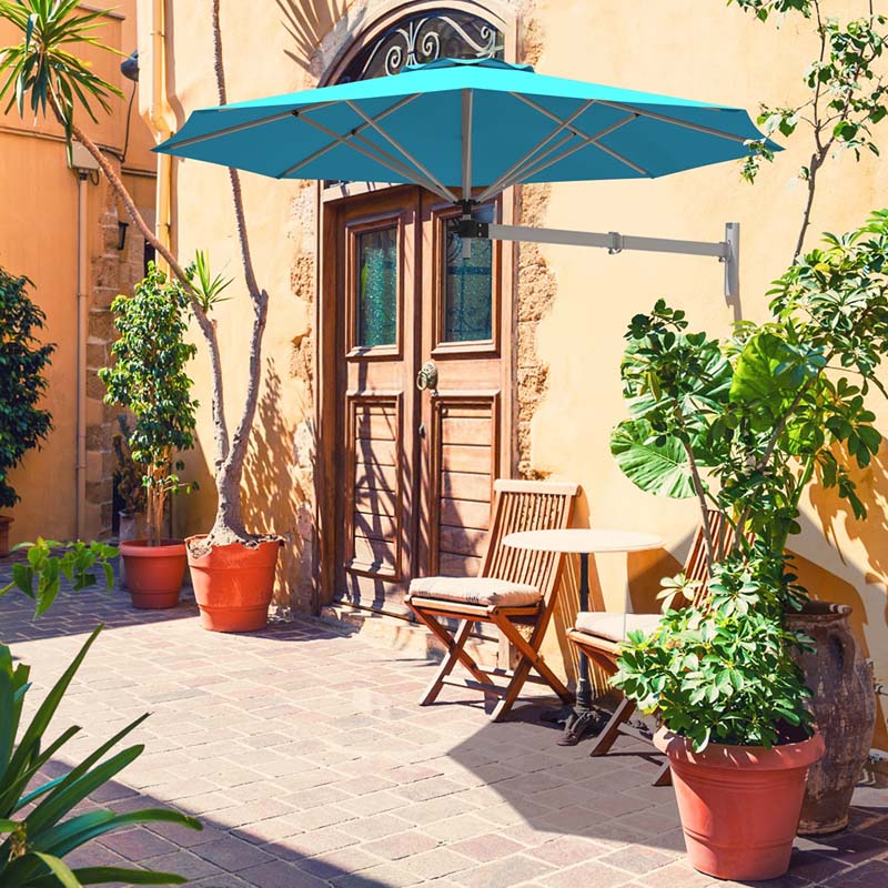 8 FT Patio Wall Mounted Umbrella with Adjustable Pole, Outdoor Tilting Sunshade Umbrella with Wind Vent