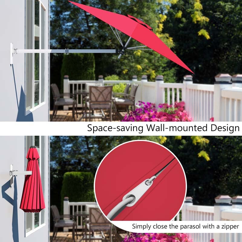 8FT Wall Mounted Patio Umbrella, Outdoor Tilting Cantilever Umbrella Sunshade with Adjustable Pole & Wind Vent for Patio, Balcony, Garden