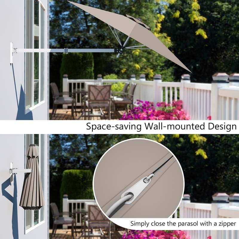 8FT Wall Mounted Patio Umbrella, Outdoor Tilting Cantilever Umbrella Sunshade with Adjustable Pole & Wind Vent for Patio, Balcony, Garden