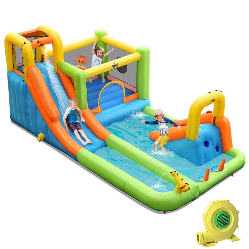 8-in-1 Inflatable Water Slide, Kids Dual Slide Bounce House Water Park with Splash Pool, Trampoline, Climbing Wall & 735W Blower for Backyard Fun