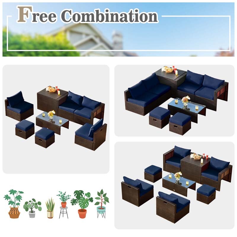 8 Pcs Rattan Patio Sectional Sofa Set with Storage Box & Waterproof Cover