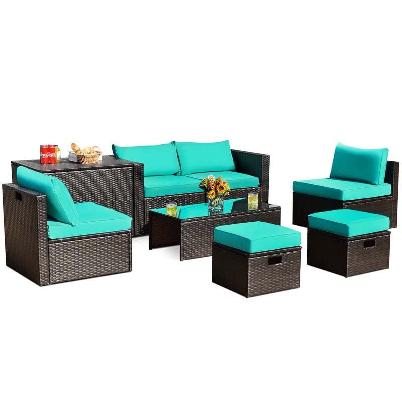 8 Pcs Rattan Patio Sectional Sofa Set with Storage Box & Waterproof Cover