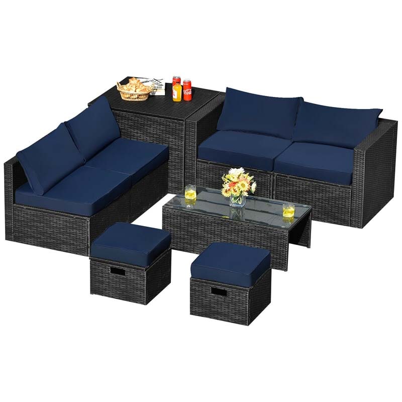 8 Pcs Rattan Wicker Outdoor Patio Furniture Sectional Sofa Set with Storage Box & Waterproof Cover