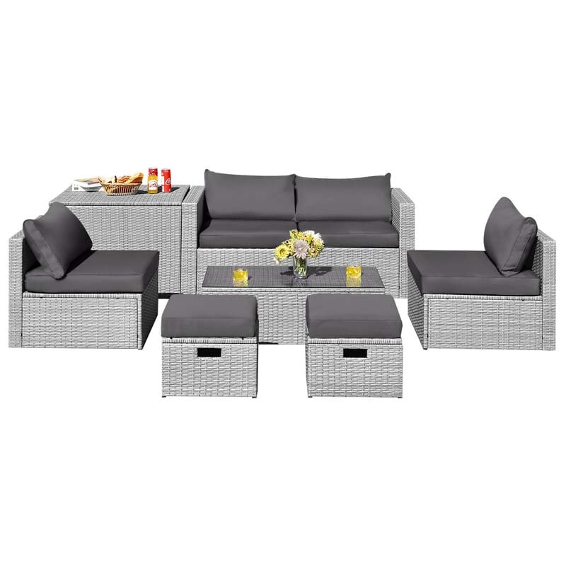 8 Pcs Rattan Patio Sectional Furniture Set Wicker Outdoor Cushioned Sofa Set with Storage Box & Waterproof Cover