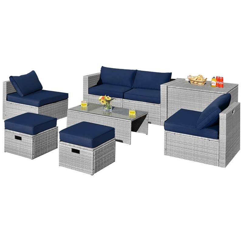 8 Pcs Rattan Patio Sectional Furniture Set Wicker Outdoor Cushioned Sofa Set with Storage Box & Waterproof Cover