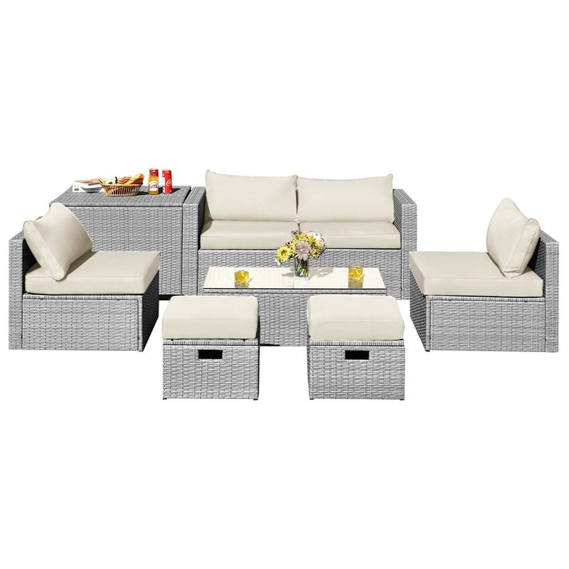 8 Pcs Rattan Patio Sectional Furniture Set Wicker Outdoor Cushioned Sofa Set with Storage Box & Waterproof Cover