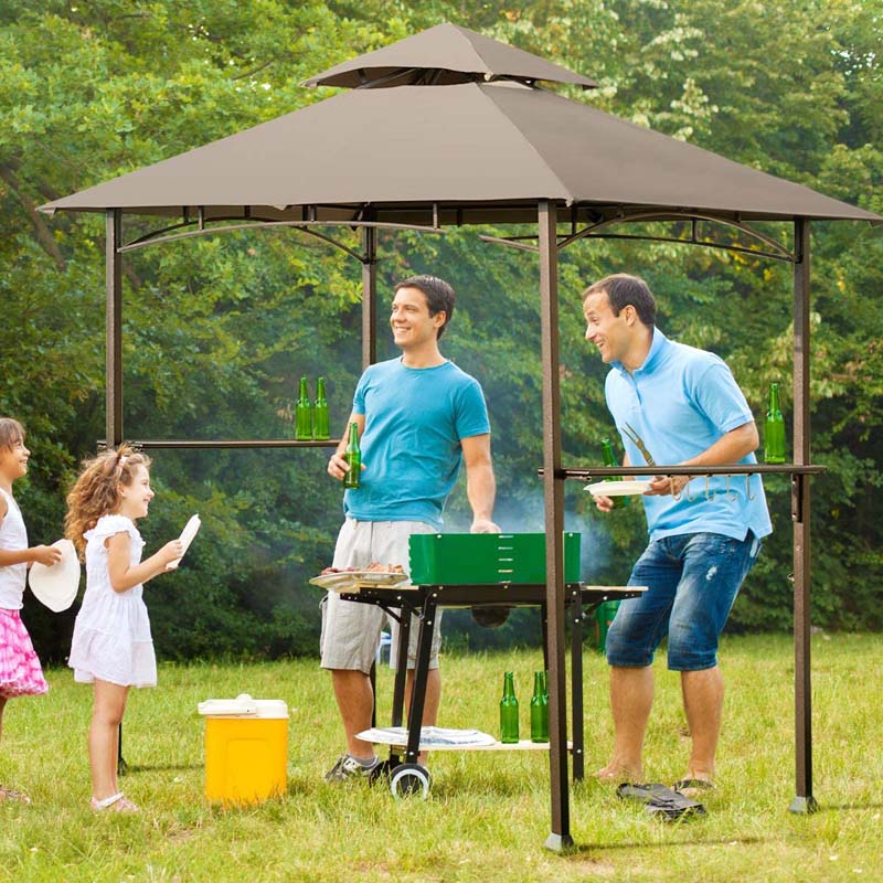 8 x 5 FT 2-Tier Outdoor Patio Grill Gazebo BBQ Canopy Tent Grill Shelter with Hooks & Bottle Opener