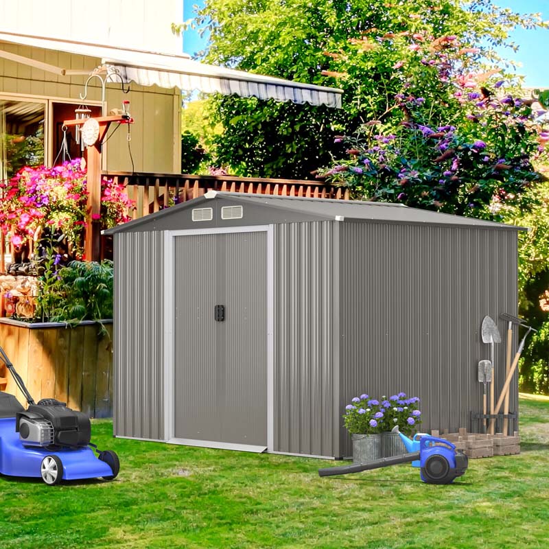 8 x 6 FT Outdoor Metal Storage Shed Garden Tool Storage Room with Foundation, 4 Louvers, Double Doors & Ramp