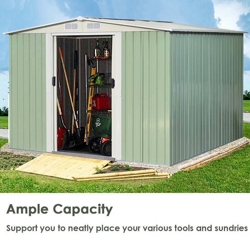 8 x 8 FT Outdoor Storage Shed Garden Tool Bike Shed, Galvanized Metal Shed with Air Vent & Slide Door