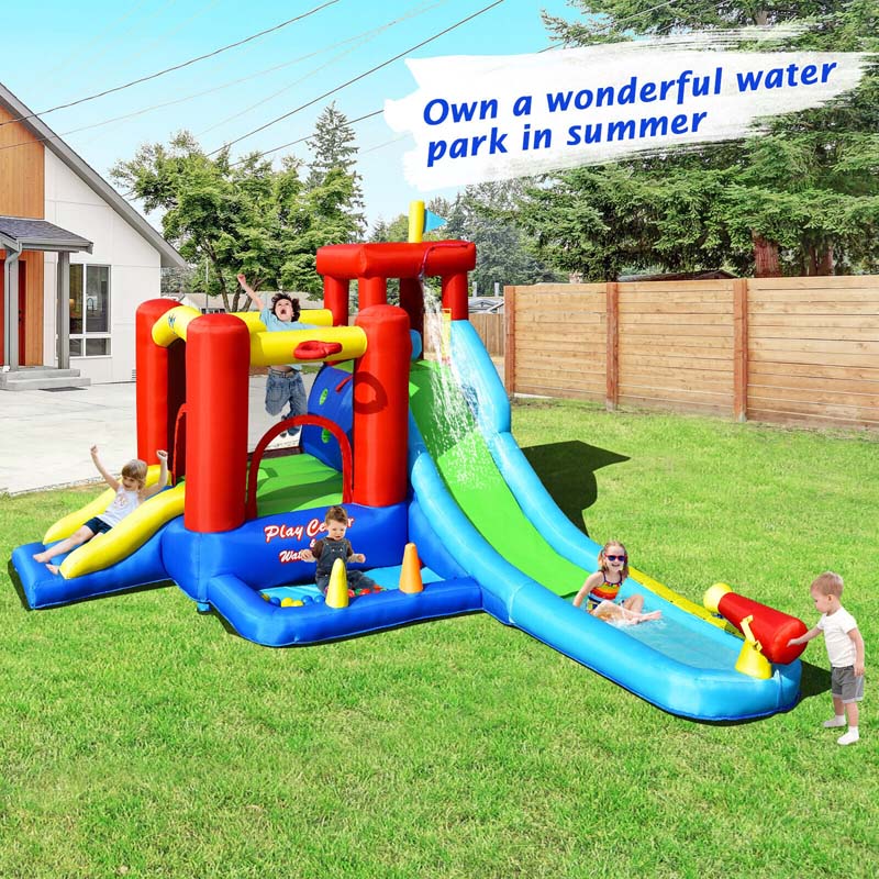 9-in-1 Kids Giant Water Park Inflatable Bounce House with Long Water Slide, Trampoline, Climbing, Ball Pit, Water Cannon