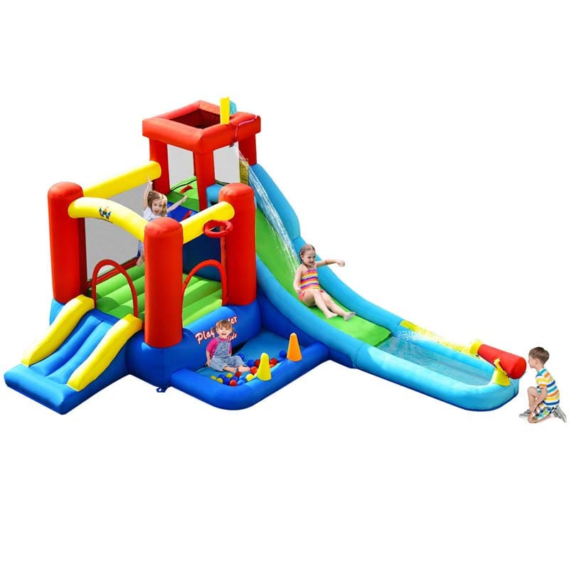 9-in-1 Kids Giant Water Park Inflatable Bounce House with Long Water Slide, Trampoline, Climbing, Ball Pit, Water Cannon