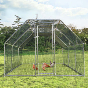 9.5' x 19' x 6.5' Galvanized Metal Large Walk-in Chicken Coop Cage Runs Hen House with Cover & Lockable Door