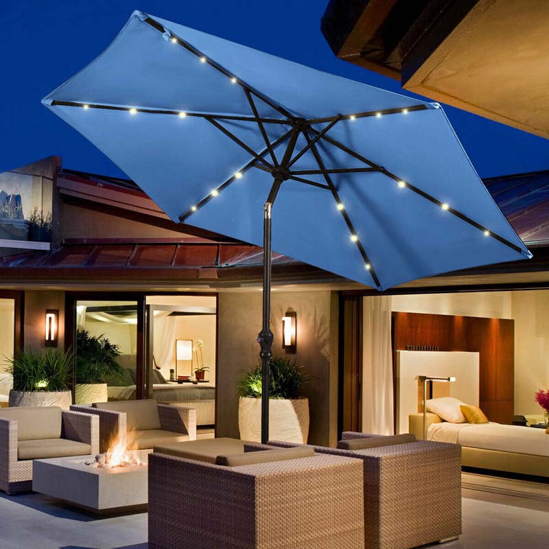 9 ft patio umbrella with led lights 9 Feet Solar LED Lighted Patio Market Umbrella Tilt Adjustment Crank Lift-Blue