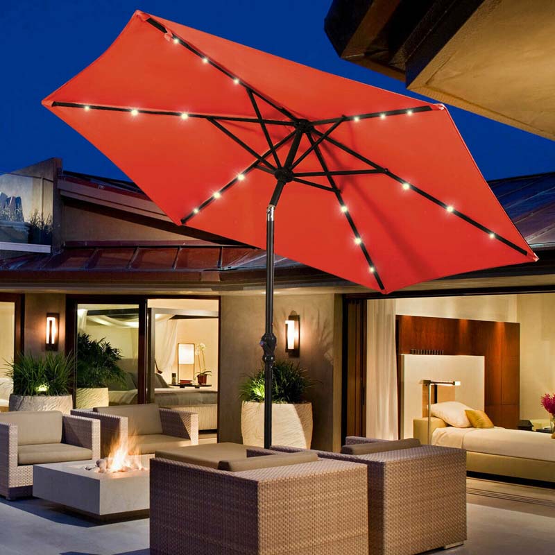 9FT Tilt Outdoor Patio Umbrella with 18 Solar LED Lights & Crank, Table Umbrella for Pool Deck Backyard