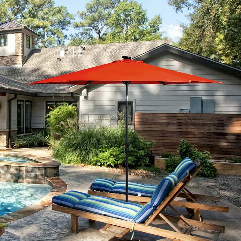 9FT Tilt Outdoor Patio Umbrella with 18 Solar LED Lights & Crank, Table Umbrella for Pool Deck Backyard