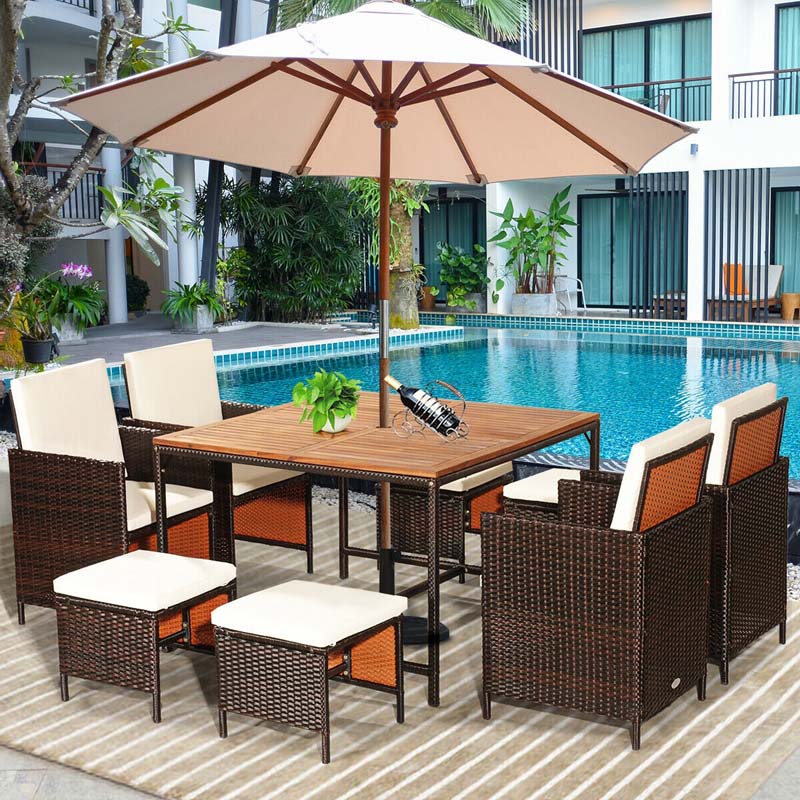 9 Pcs Rattan Wicker Outdoor Patio Dining Set with Acacia Wood Dining table, 4 Ottomans, 4 Cushioned Armchairs