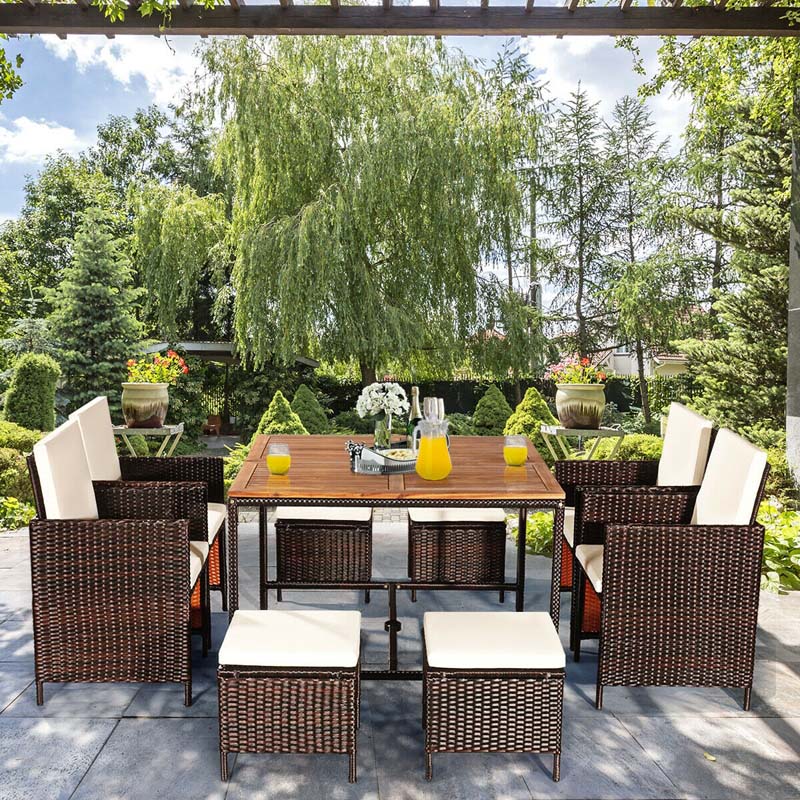 9 Pcs Rattan Wicker Outdoor Patio Dining Set with Acacia Wood Dining table, 4 Ottomans, 4 Cushioned Armchairs