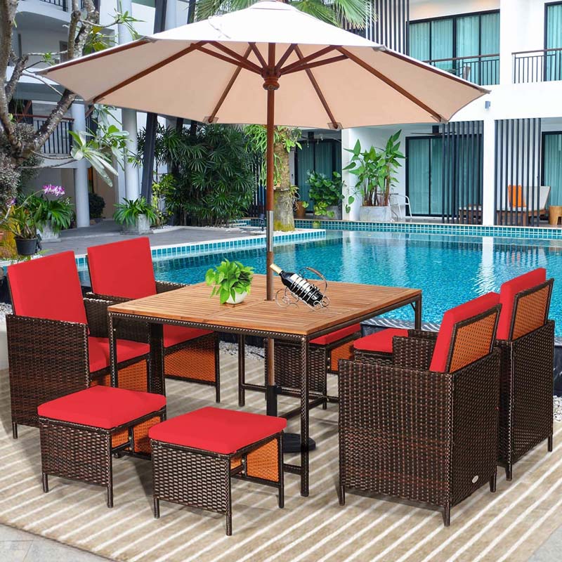 9 Pcs Rattan Wicker Outdoor Patio Dining Set with Acacia Wood Dining table, 4 Ottomans, 4 Cushioned Armchairs