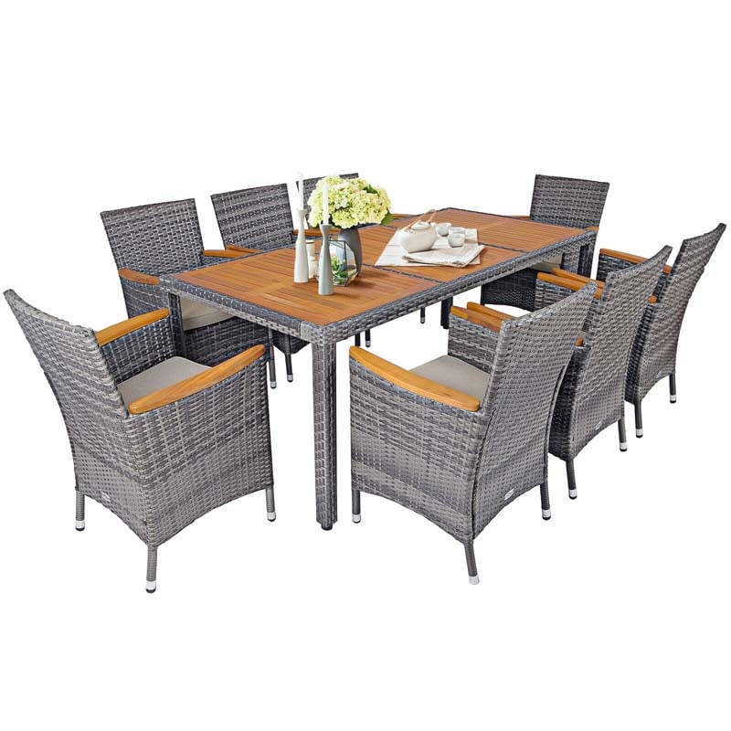 9 Pcs Rattan Patio Dining Set Outdoor Furniture Set with Acacia Wood Table & Cushioned Armchairs