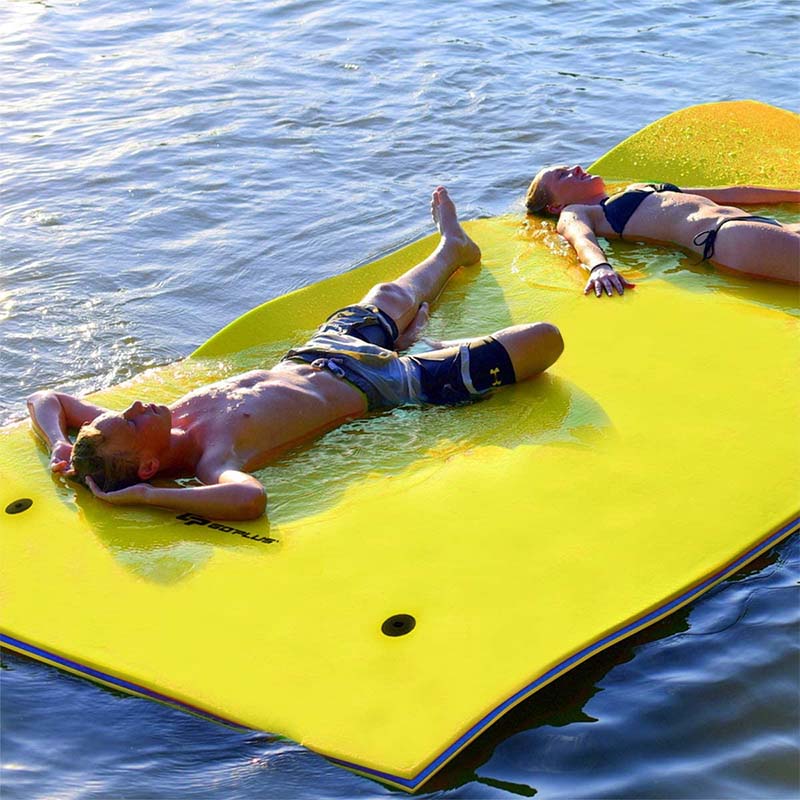 9 x 6 FT Floating Water Pad, 3-Layer XPE Foam Water Mat with Rolling Pillow, Floating Island for River Lake Ocean