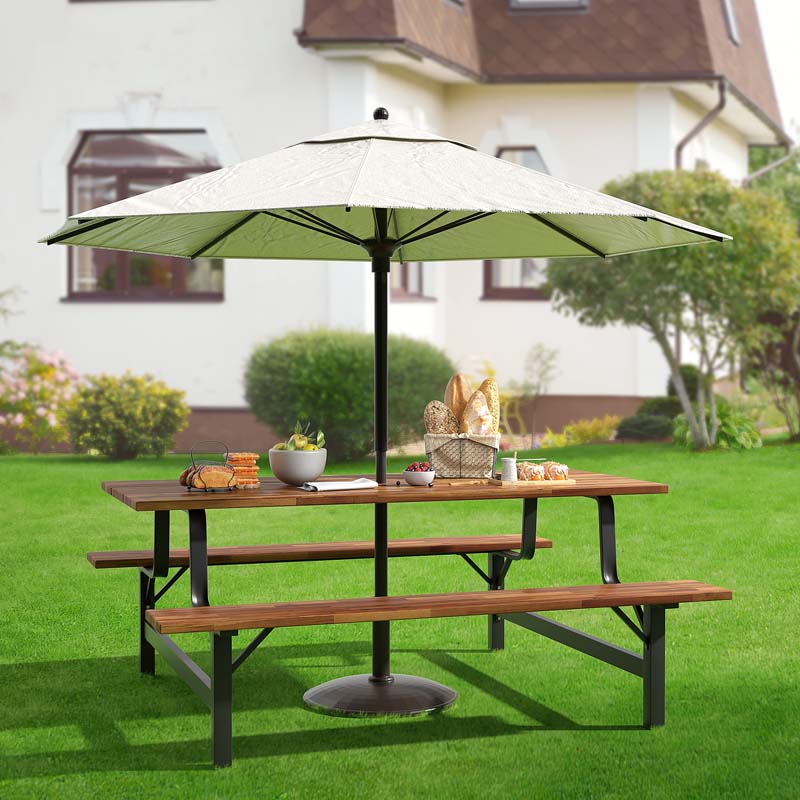 71" Acacia Wood Picnic Table Bench Set with 2" Umbrella Hole, Heavy-Duty Metal Frame Outdoor Dining Table Set