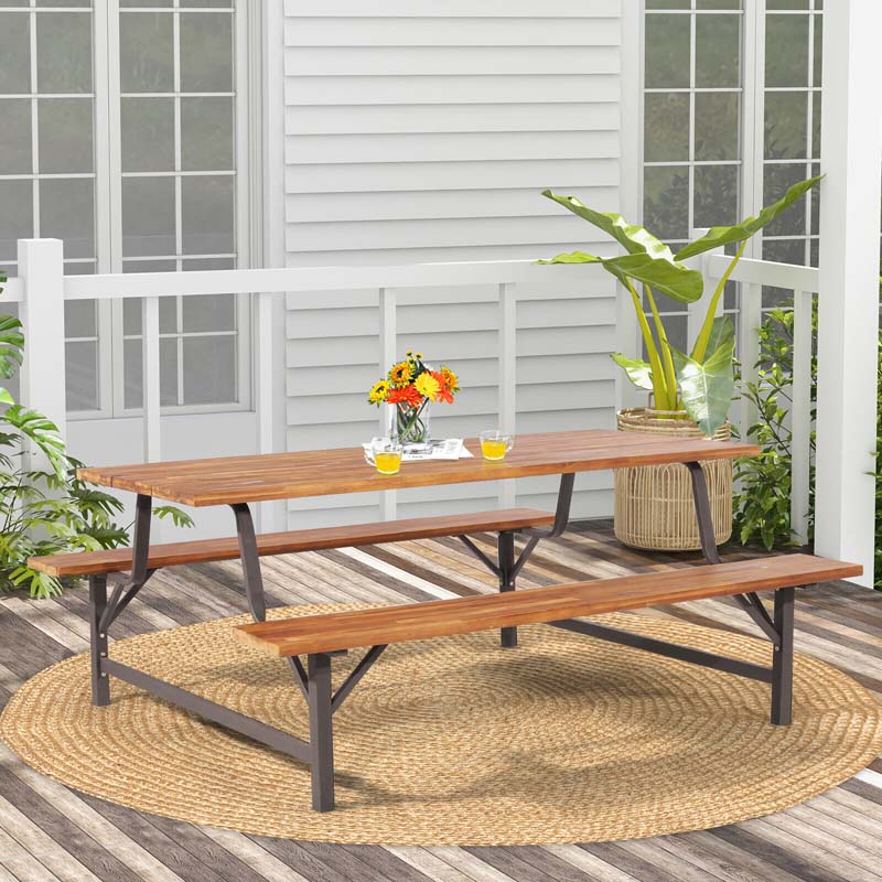 71" Acacia Wood Picnic Table Bench Set with 2" Umbrella Hole, Heavy-Duty Metal Frame Outdoor Dining Table Set