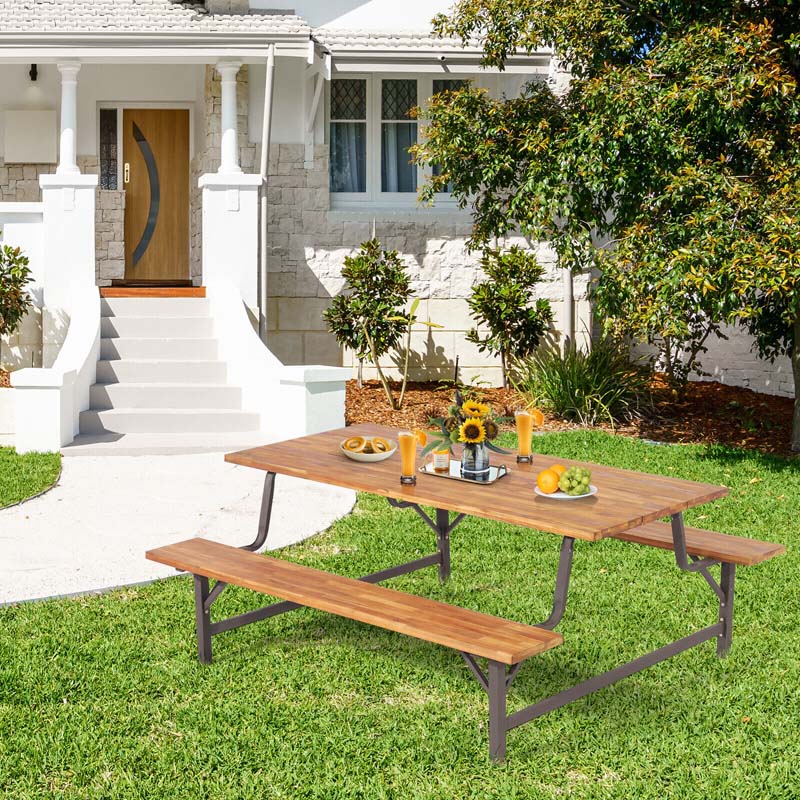 71" Acacia Wood Picnic Table Bench Set with 2" Umbrella Hole, Heavy-Duty Metal Frame Outdoor Dining Table Set