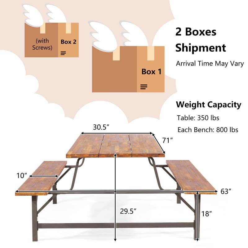 71" Acacia Wood Picnic Table Bench Set with 2" Umbrella Hole, Heavy-Duty Metal Frame Outdoor Dining Table Set
