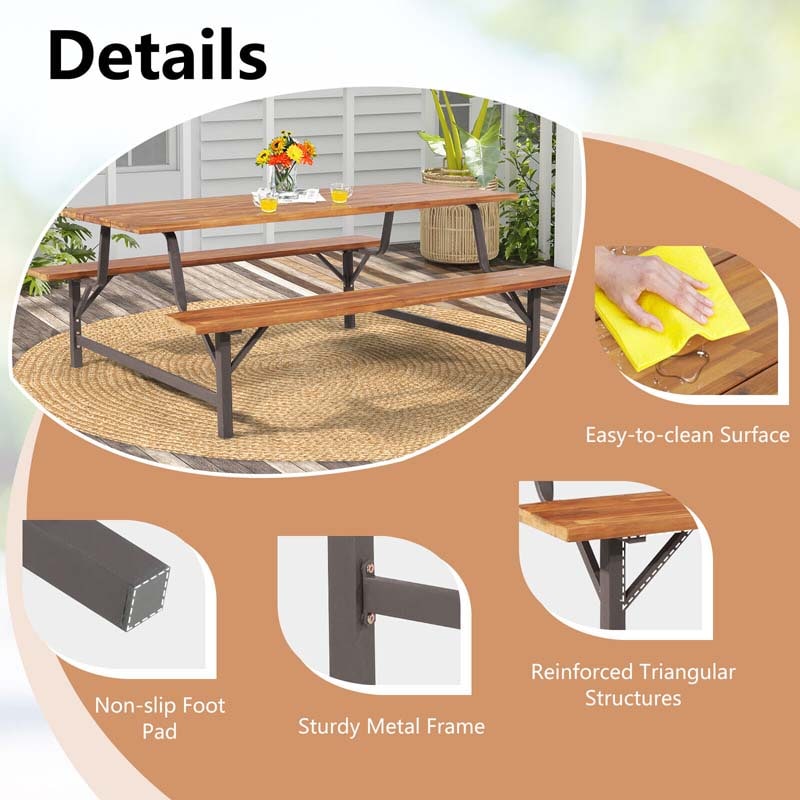 71" Acacia Wood Picnic Table Bench Set with 2" Umbrella Hole, Heavy-Duty Metal Frame Outdoor Dining Table Set
