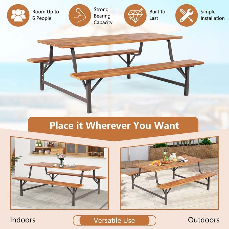 71" Acacia Wood Picnic Table Bench Set with 2" Umbrella Hole, Heavy-Duty Metal Frame Outdoor Dining Table Set