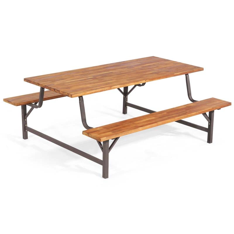 71" Acacia Wood Picnic Table Bench Set with 2" Umbrella Hole, Heavy-Duty Metal Frame Outdoor Dining Table Set
