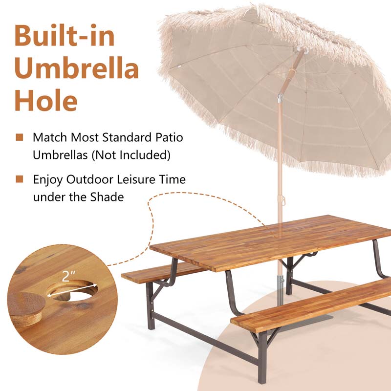 71" Acacia Wood Picnic Table Bench Set with 2" Umbrella Hole, Heavy-Duty Metal Frame Outdoor Dining Table Set