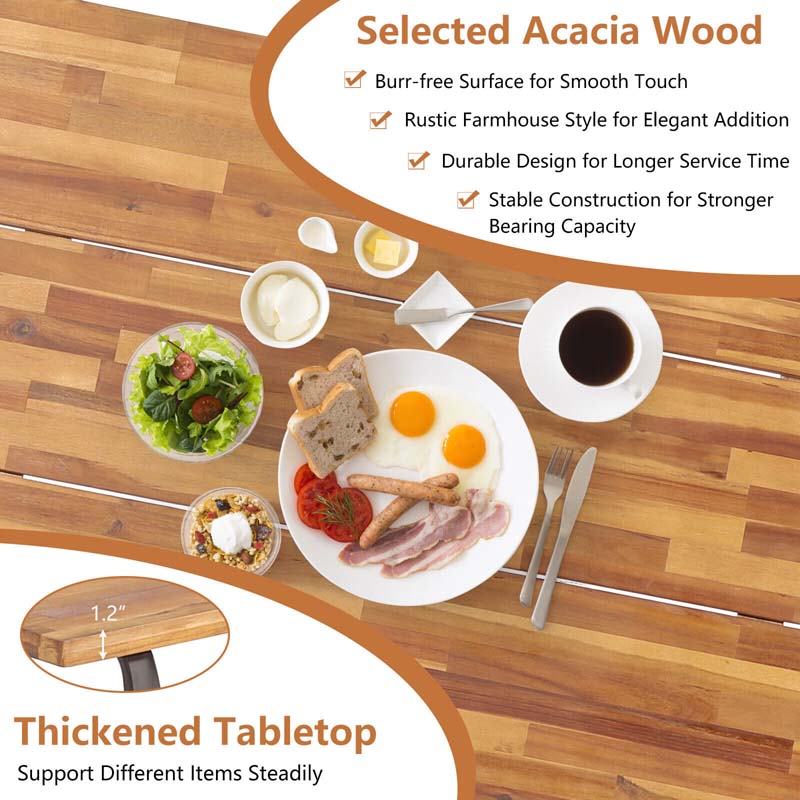 71" Acacia Wood Picnic Table Bench Set with 2" Umbrella Hole, Heavy-Duty Metal Frame Outdoor Dining Table Set